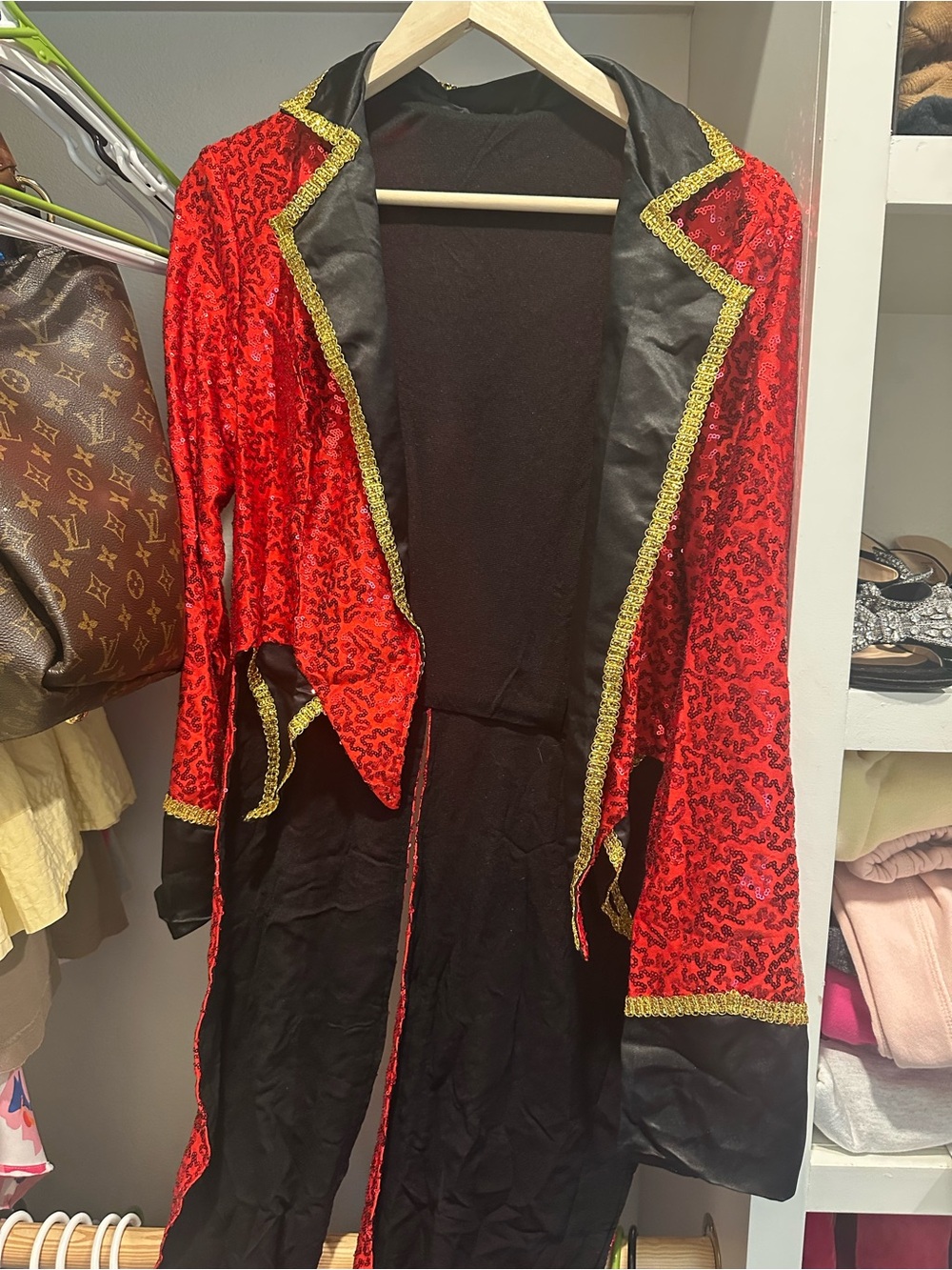 Red Velvet & Satin Trim Women's Coat with Gold Braid